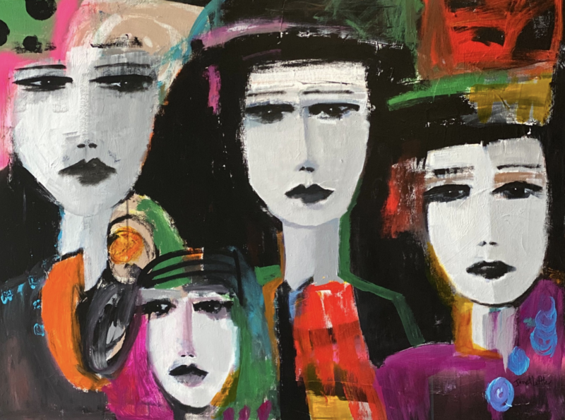 Acrylic painting titled Millie’s Calm Confidence by Janet Little, measuring 30 x 40 x 1.5 inches. The artwork features four abstract, expressive female figures with stark white faces, dark eyes, and black lips. Bold colors—such as pink, green, orange, red, and purple—are layered in vivid brushstrokes throughout their clothing and backgrounds.